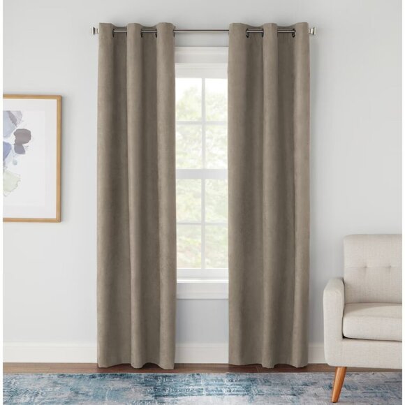 StyleWell Grommet Faux Suede Blackout Drapery Curtain Panel in Taupe (2-Pc) - Picture 1 of 6